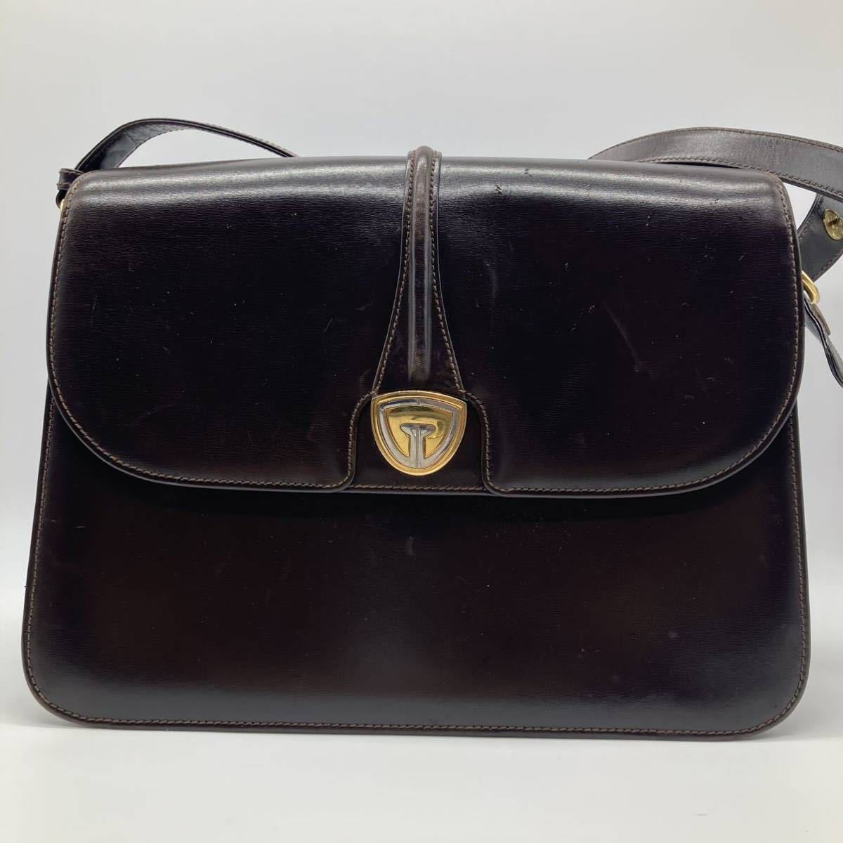 1円 GUCCI グッチ ショルダーバッグ ダークブラウン ロゴ オールレザー 
