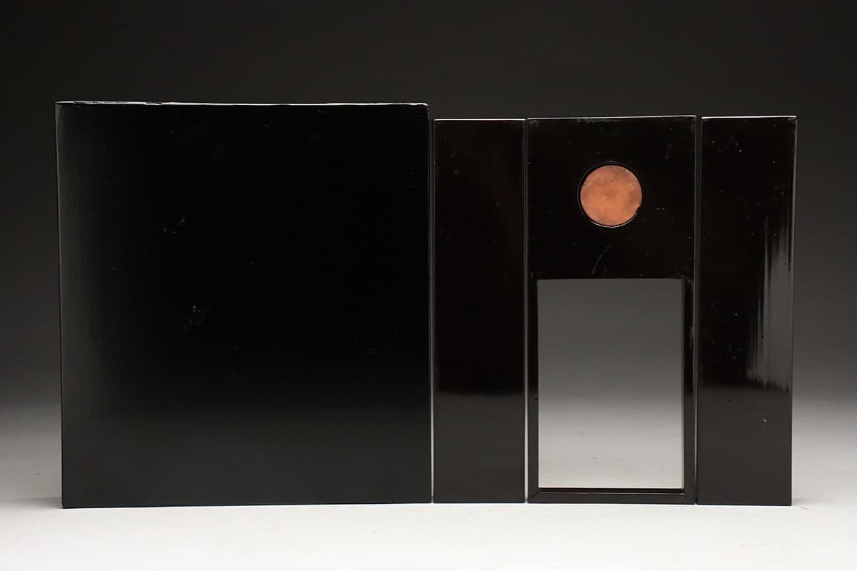 ZL083 時代物 黒漆塗 鶴亀蓬莱山蒔絵硯箱 一式 木箱附(硯/