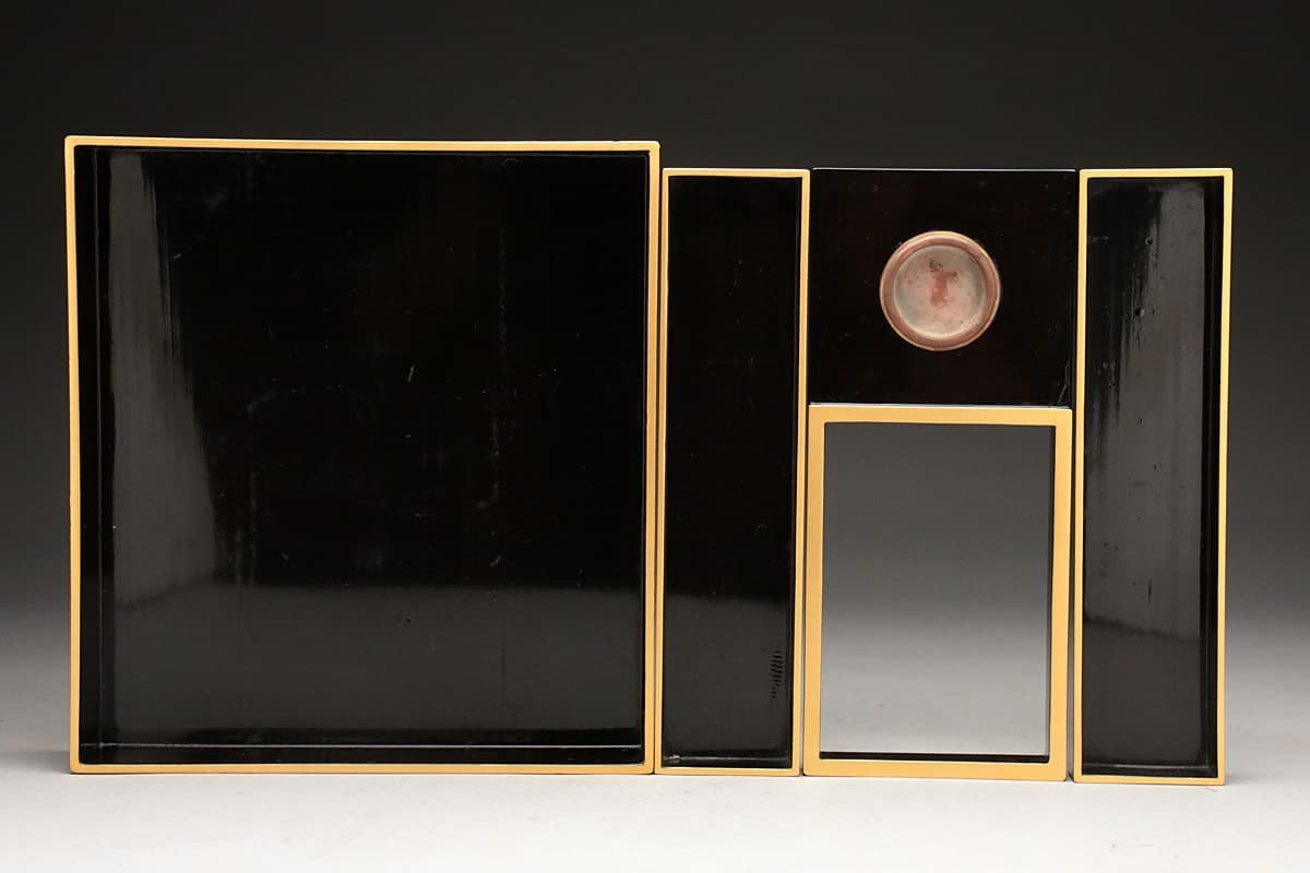 ZL083 時代物 黒漆塗 鶴亀蓬莱山蒔絵硯箱 一式 木箱附(硯/