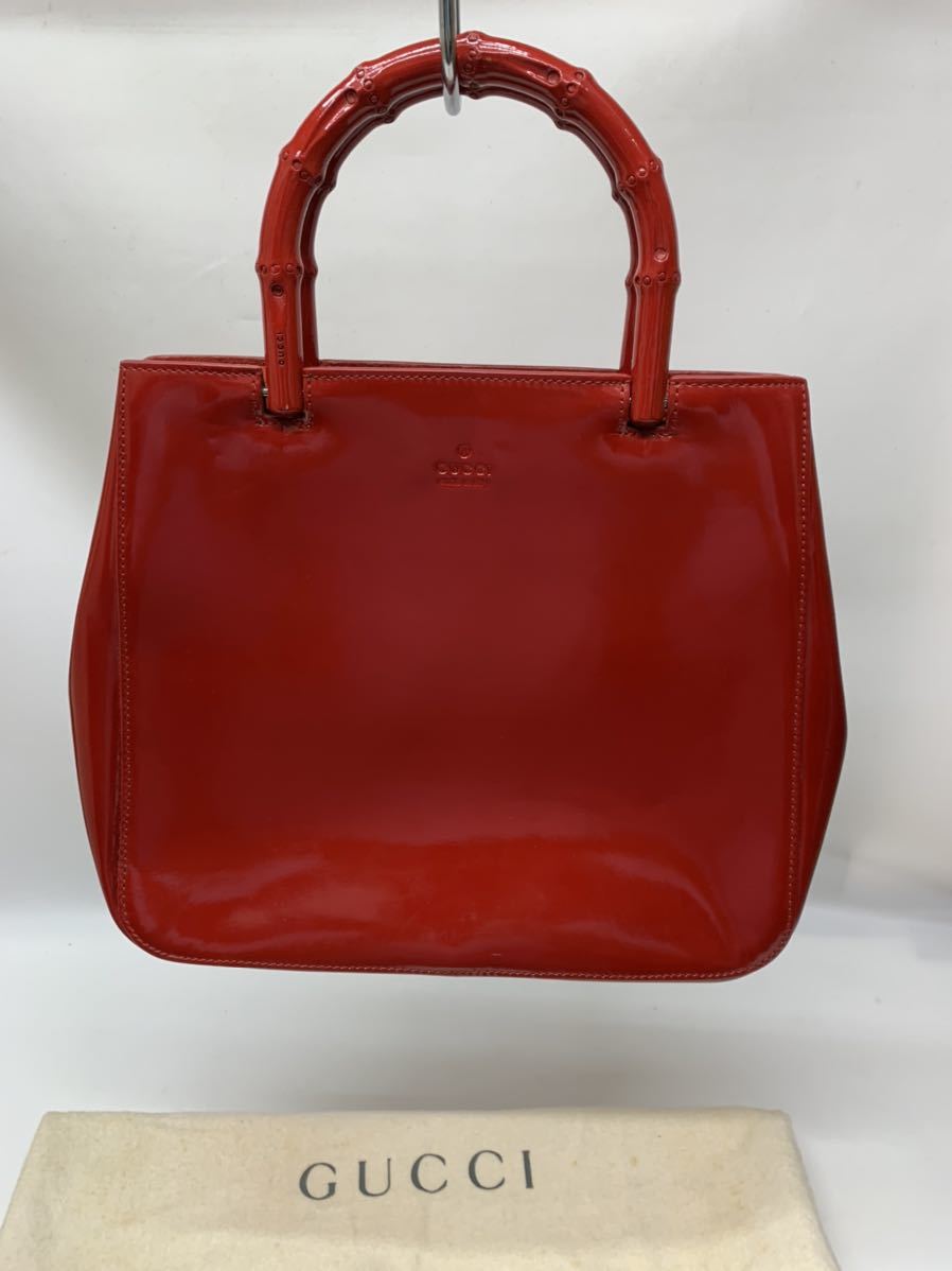 美品】GUCCI グッチ 002 1061 バンブー パテントレザー ハンドバッグ  