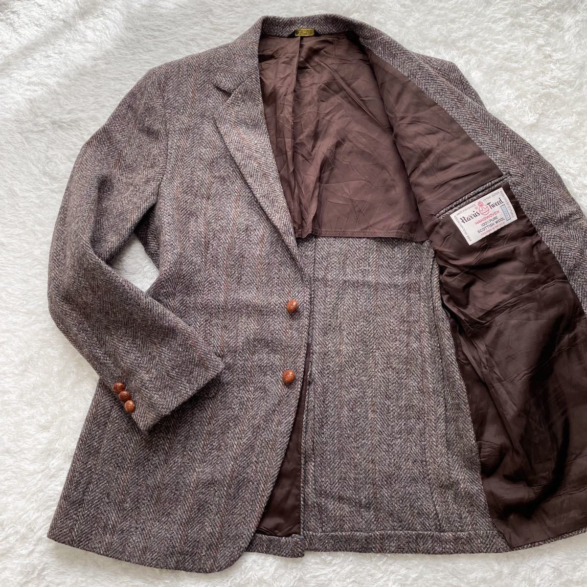 美品XL位◎HARRIS TWEED ハリスツイード ミックス ヘリンボーン ストライプ くるみボタン テーラードジャケット ウール ブラウン系 メンズ