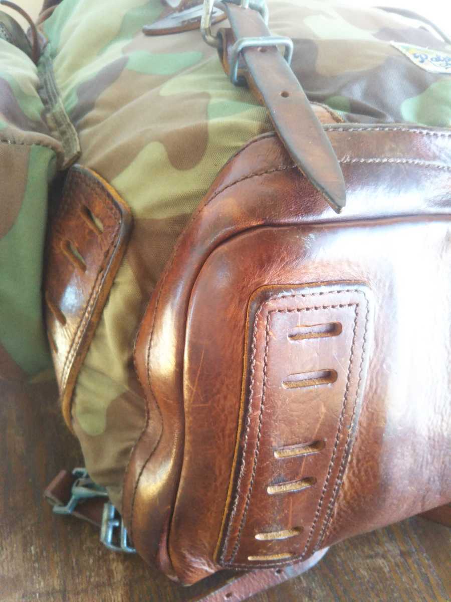 良品! RALPH LAUREN メンズ大型リュック RRL級厚革レザー使用 バックパック 迷彩カモフラージュ柄 底面オールレザー ラルフローレン
