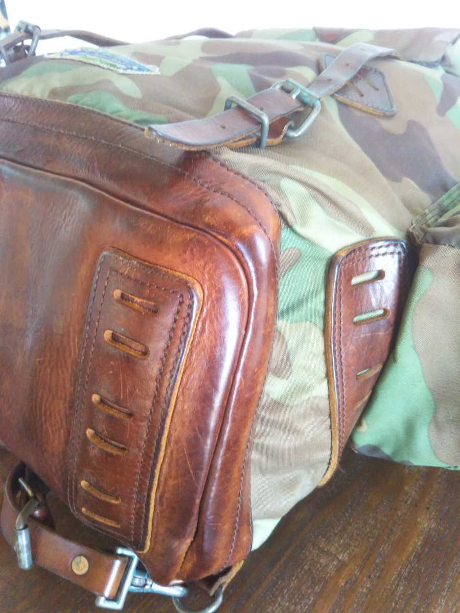 良品! RALPH LAUREN メンズ大型リュック RRL級厚革レザー使用 バックパック 迷彩カモフラージュ柄 底面オールレザー ラルフローレン