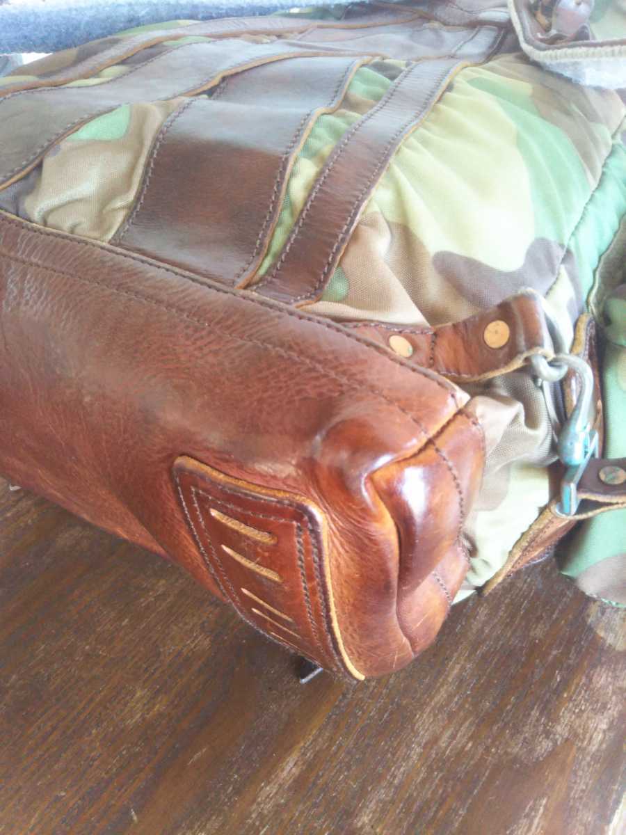 良品! RALPH LAUREN メンズ大型リュック RRL級厚革レザー使用 バックパック 迷彩カモフラージュ柄 底面オールレザー ラルフローレン