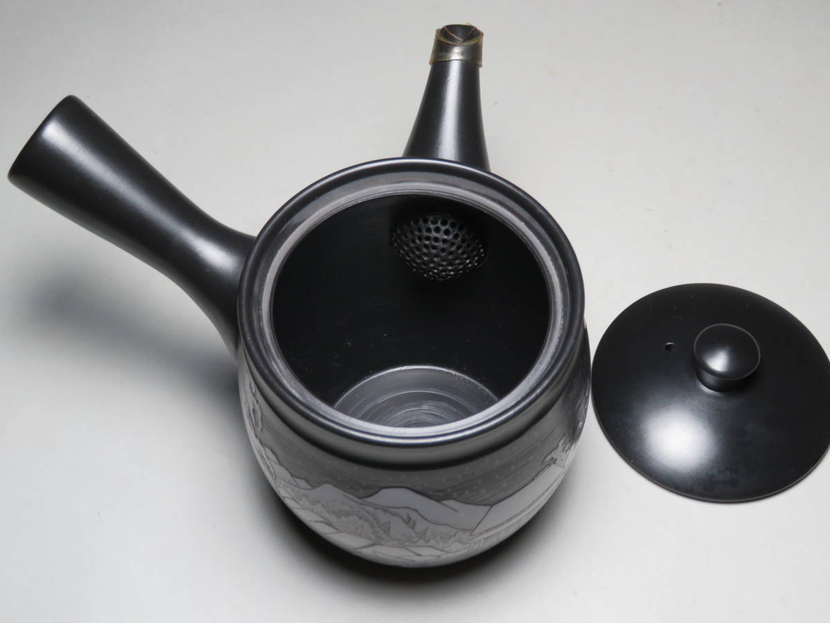 煎茶道具◇常滑焼 名工 宝生庵 高資作◇黒泥 横手急須 細密彫刻(東海道