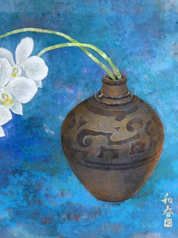 真作保証□日本画□藤谷和春□「熱帯の花」□金落款 ・共シール□日