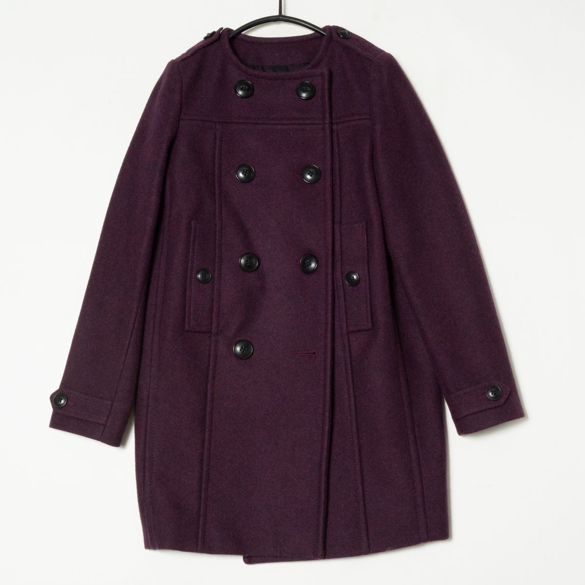 【1円スタート】BURBERRY CHILDREN バーバリー ノーカラーコート ウールカシミヤ混 ロゴ釦 上品 パープル 紫 10Y 140cm ガールズ