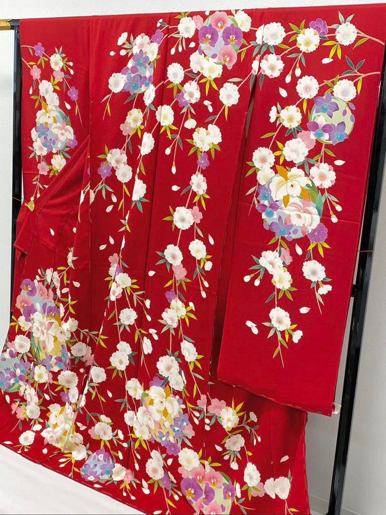 振袖 未仕立て品 仮絵羽 手刺繍 金駒 金彩加工 紋意匠 胡蝶蘭 桜 八掛