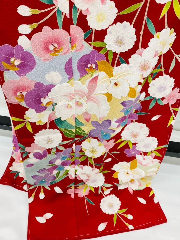 振袖 未仕立て品 仮絵羽 手刺繍 金駒 金彩加工 紋意匠 胡蝶蘭 桜 八掛