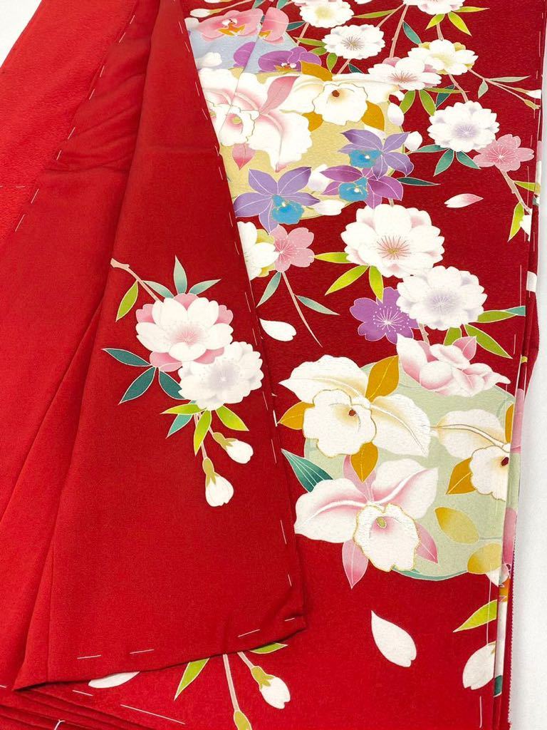 振袖 未仕立て品 仮絵羽 手刺繍 金駒 金彩加工 紋意匠 胡蝶蘭 桜 八掛