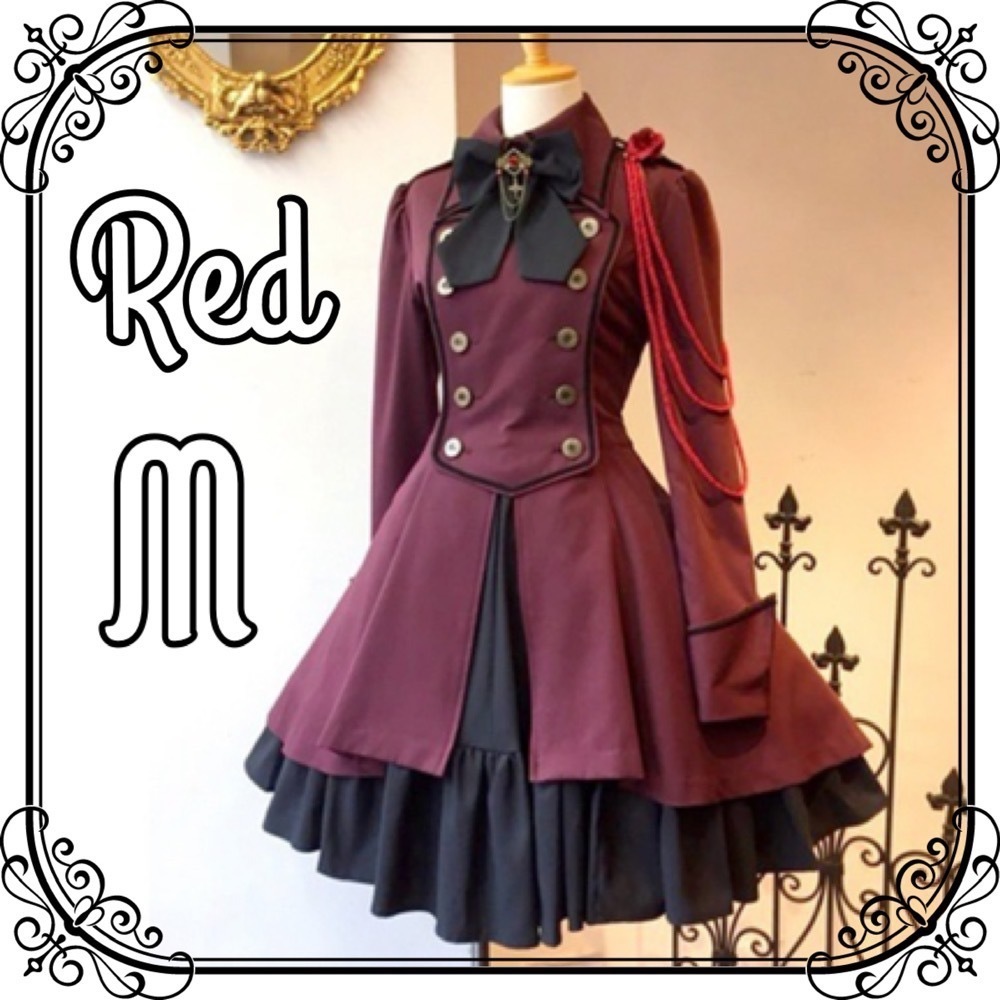 コスプレ ロリータ 軍服ワンピース 膝丈 ドレス 衣装 赤 M