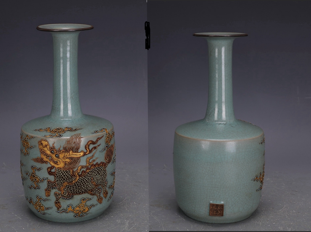 ◆宋時代 汝窯 青釉開片 瀝粉 描金加彩麒麟紋 盤口瓶 青涼寺禦製款 ◆高さ25.8ｃｍ　直径14cm