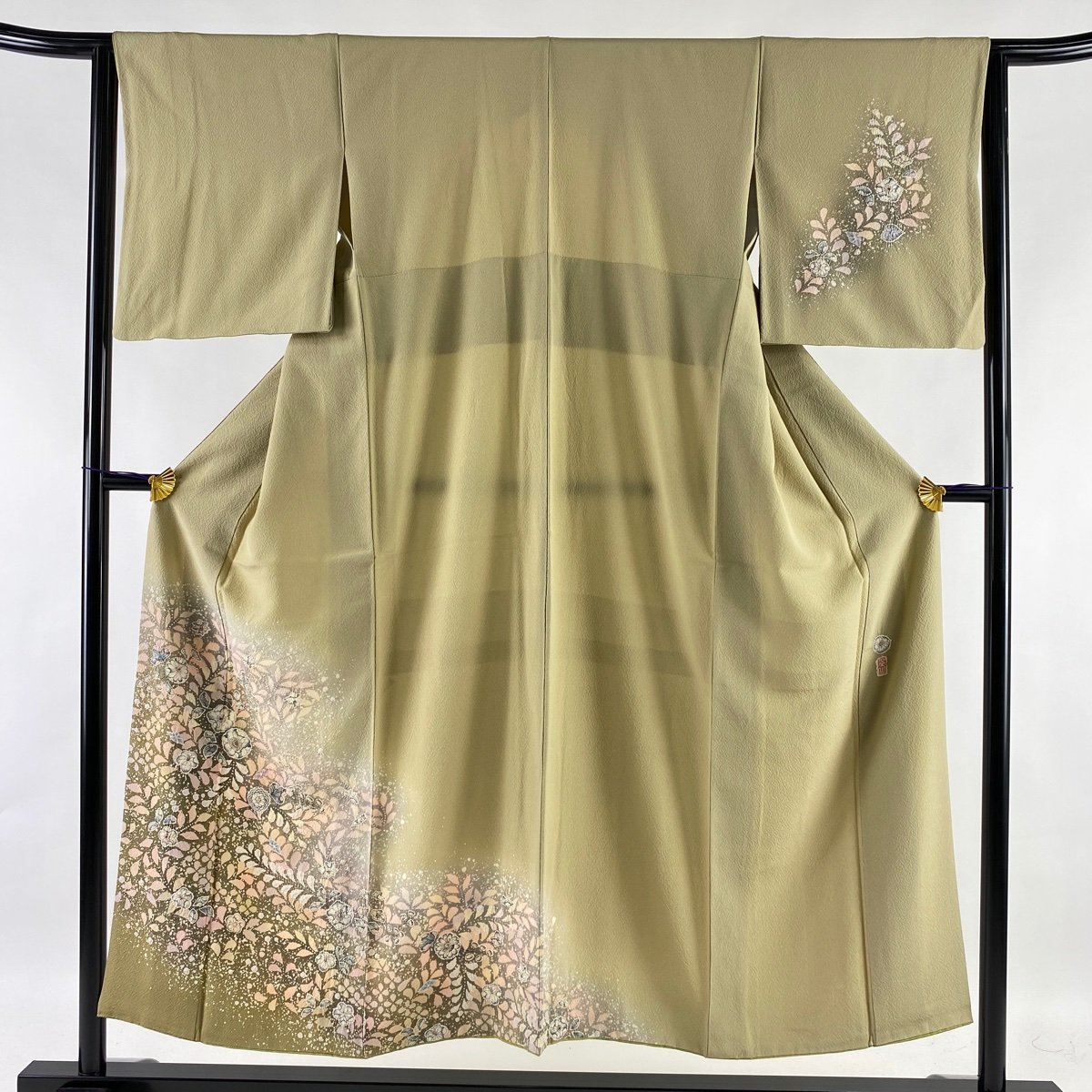 【競ナビ】 付下げ 名品 翠山工房 落款 やまと 辻が花 ぼかし 灰緑 袷 151cm 64cm M 正絹 【中古】