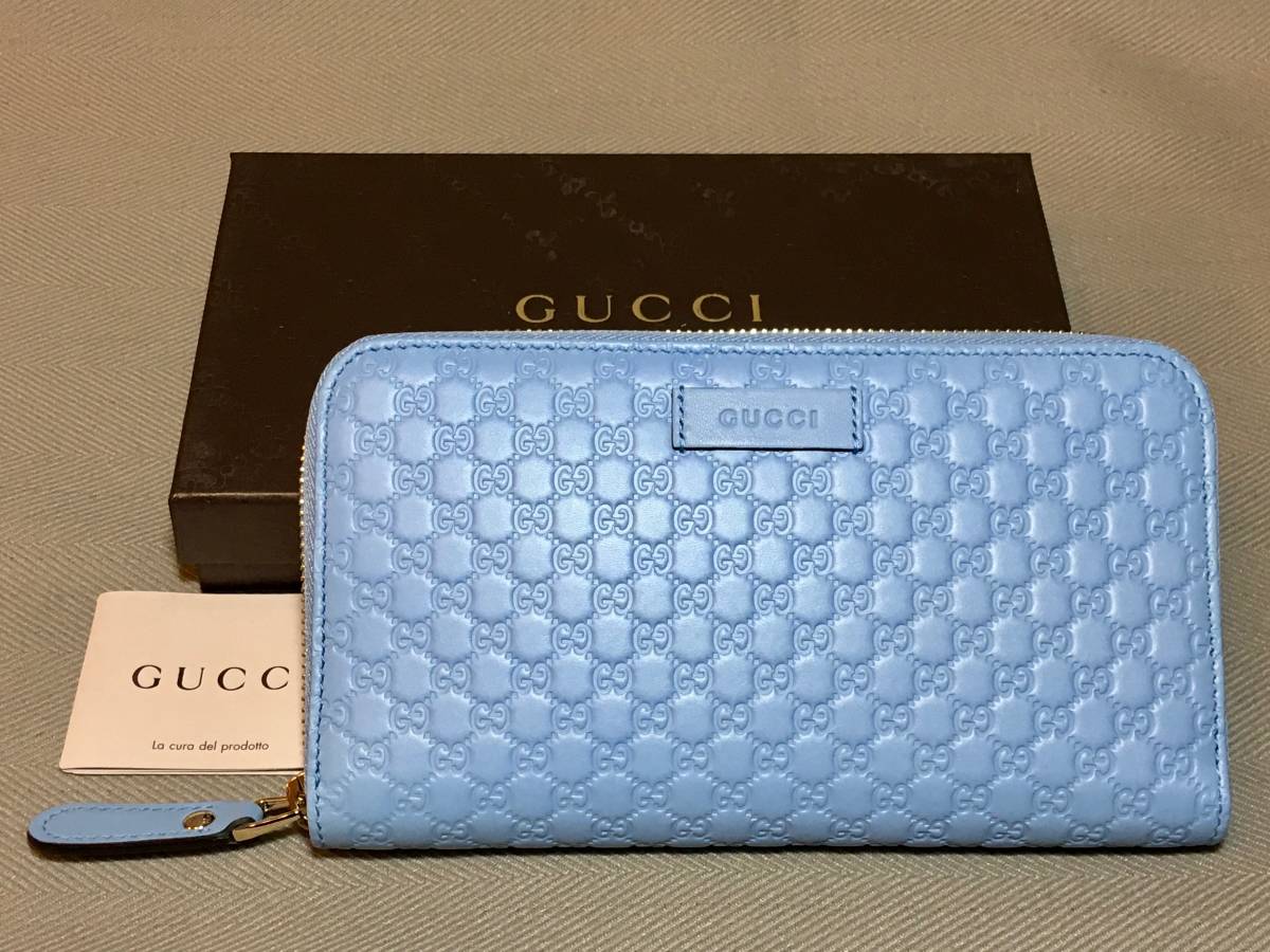 新品 本物 グッチ マイクロ シマ ラウンド ファスナー レザー 長財布 GUCCI ロゴ 革 ブルー 青 水色 ロゴ 本革 A