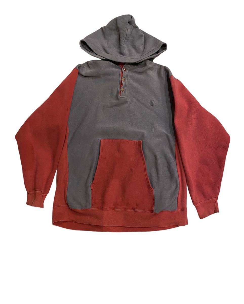 90sカーハート ツートーン　パーカー　実寸XL レッド　グレー　USA製 ハーフボタン　ヴィンテージ リバース