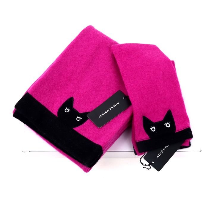 アツコマタノ マフラー ハンドウォーマー 2点セット 黒猫 ウール/カシミヤ混 未使用 指なし手袋 レディース ピンク AtsukoMatano