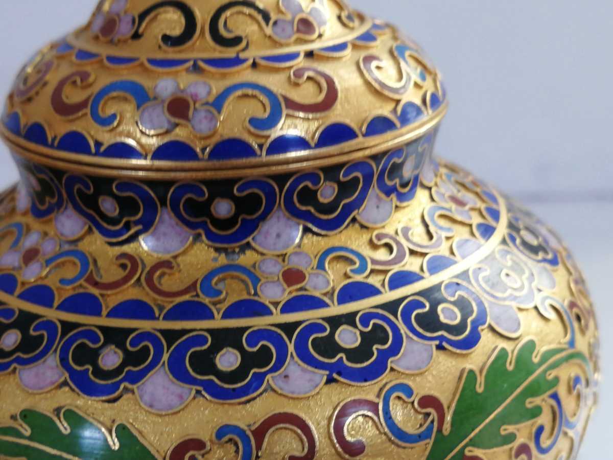 七宝焼 花瓶 壺一対 中国 七宝焼花瓶 景泰藍花瓶 茶壺 獅子摘み 台付 