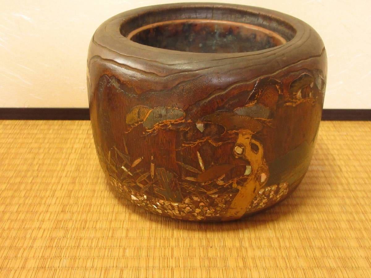 漸】時代物 火鉢 木製火鉢 螺鈿 螺鈿細工 手あぶり 一対 レトロ 古民具 