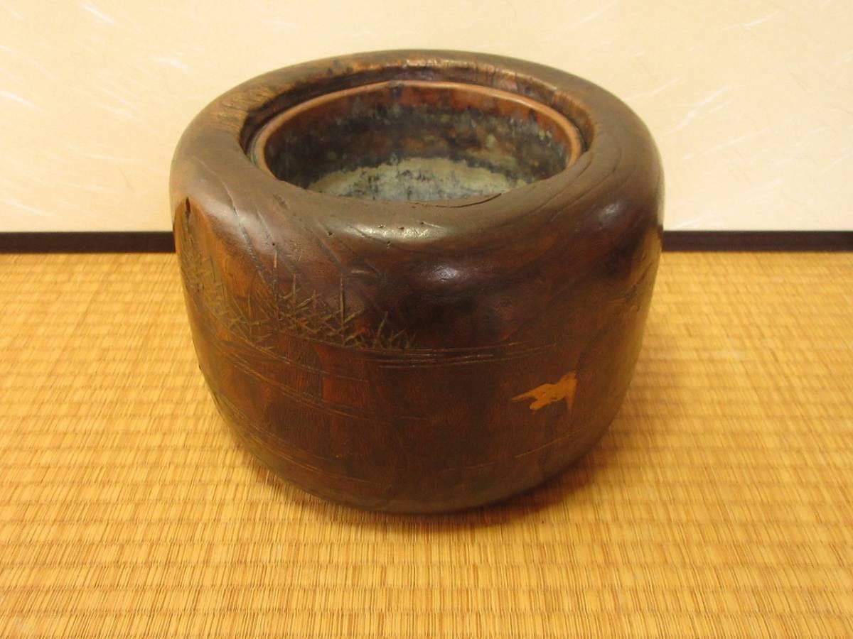 漸】時代物 火鉢 木製火鉢 螺鈿 螺鈿細工 手あぶり 一対 レトロ 古民具 
