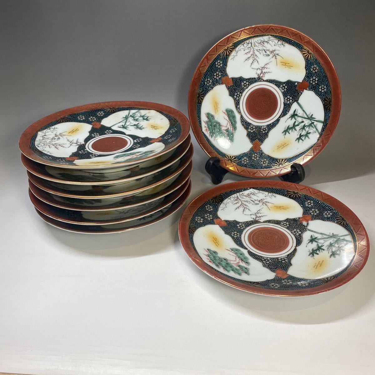 セール，定番 九谷焼 青粒 松竹梅 縁起物 皿 プレート 8枚揃い 中皿 19.5cm 金彩(九谷)｜売買されたオークション情報、yahooの商品情報をアーカイブ公開 - オークファン 九谷