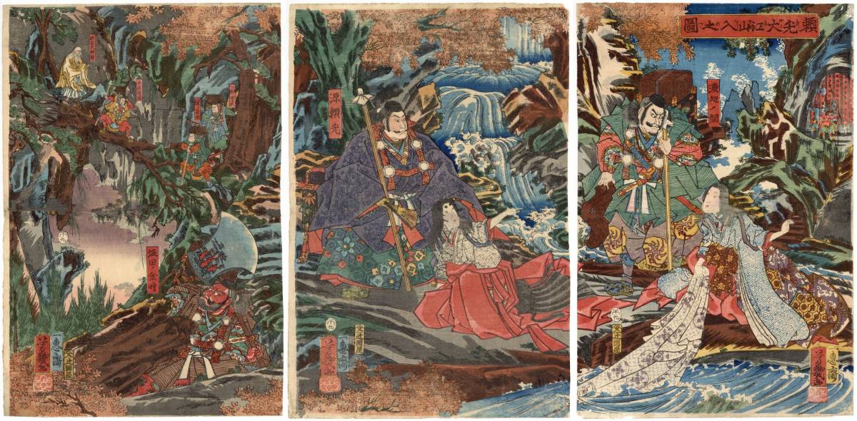 格安，新品 N_Lux 芳幾 Yoshiiku 本物浮世絵 頼光大江山入之図 源頼光 渡辺綱 坂田金時 住吉大明神 真作 木版画 ukiyoe woodblock prints(武者絵)｜売買されたオークション情報、yahooの商品情報をアーカイブ公開 - 武者絵