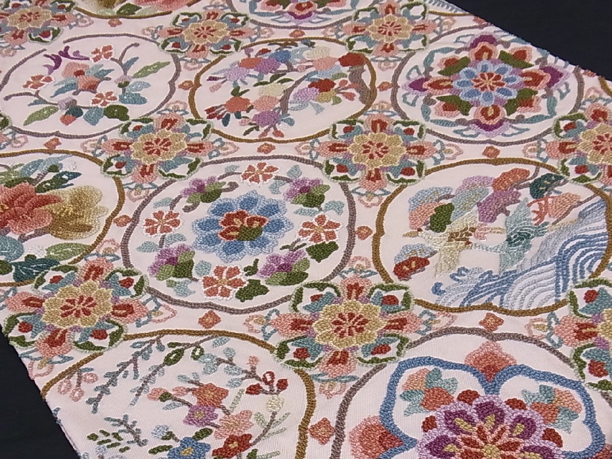 着物屋こころ■六通柄袋帯　中国三大刺繍　総相良刺繍　飛鶴花丸文　正絹　逸品　A-sx3635