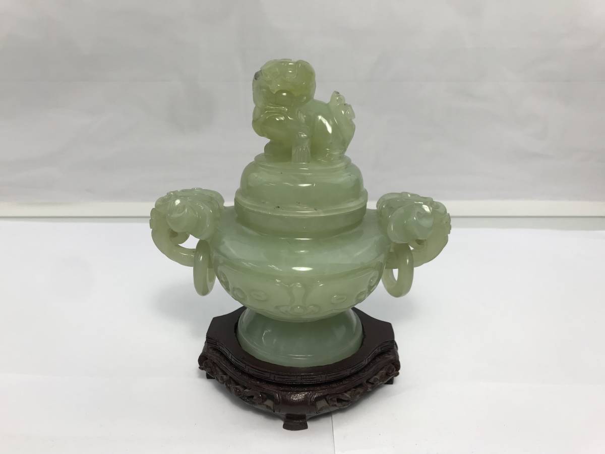 Y/ 中国美術 香炉 獅子摘 双耳 玉石細工 台座付き 置物 1204-18 【公式