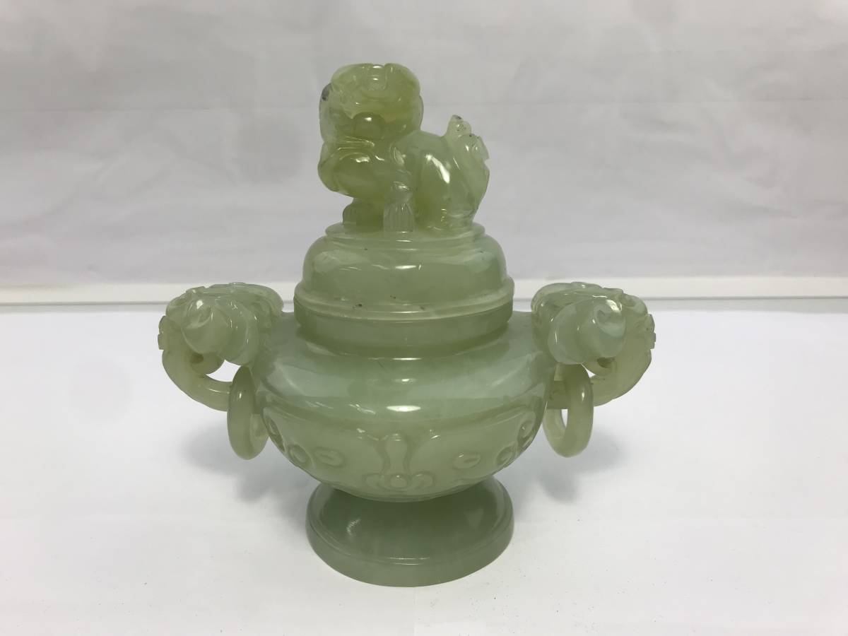 Y/ 中国美術 香炉 獅子摘 双耳 玉石細工 台座付き 置物 1204-18 【公式