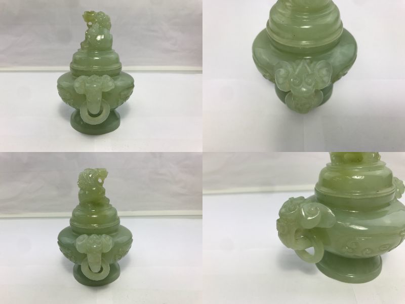 Y/ 中国美術 香炉 獅子摘 双耳 玉石細工 台座付き 置物 1204-18 【公式