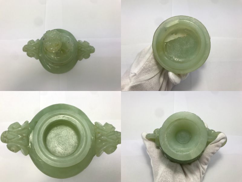 Y/ 中国美術 香炉 獅子摘 双耳 玉石細工 台座付き 置物 1204-18 【公式