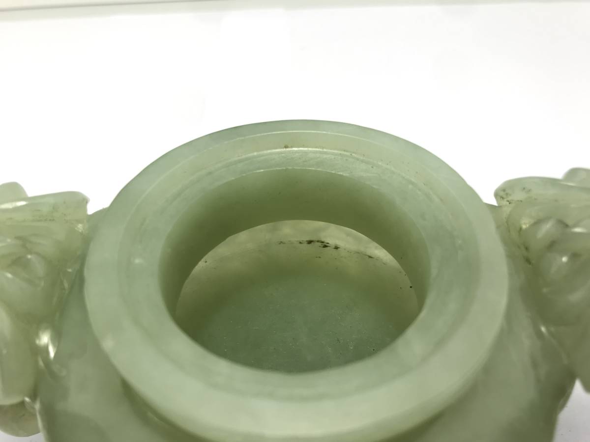 Y/ 中国美術 香炉 獅子摘 双耳 玉石細工 台座付き 置物 1204-18 【公式