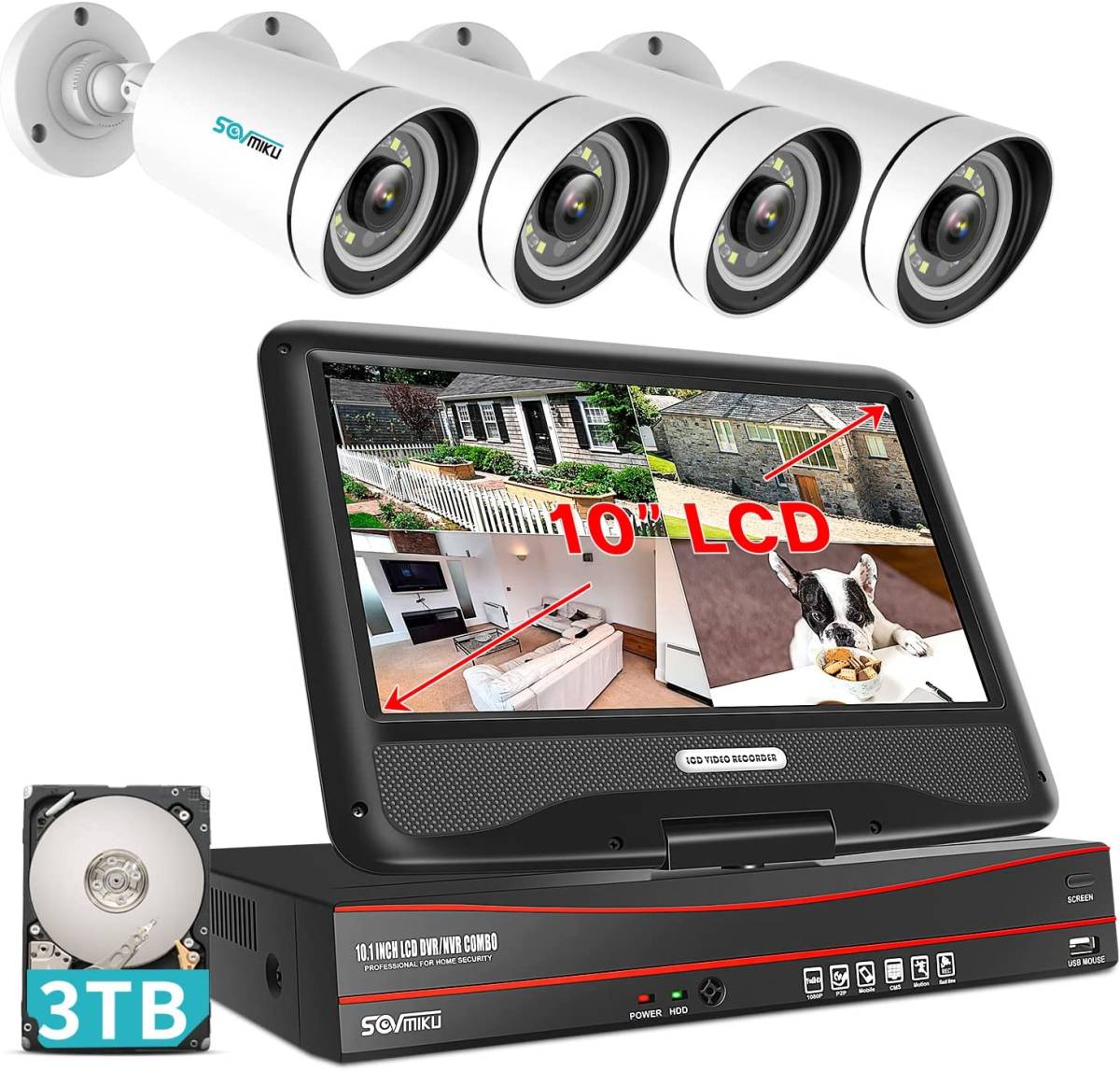 防犯カメラ poe セット 家庭用 屋外 屋内 3TB 500万画素 4台 カメラ 