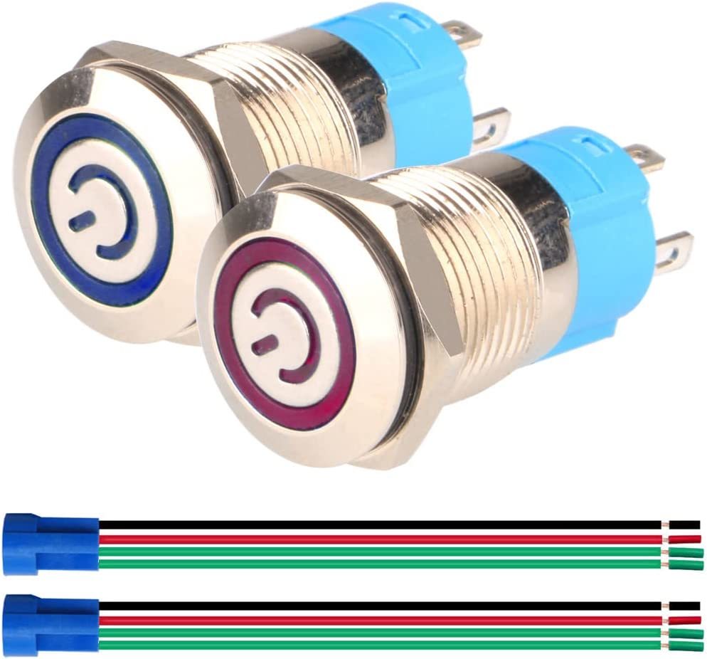 赤+青 Kiligen 12mmステンレス製オルタネイト 押しボタンスイッチ12V-24V LED NO SPSTオンオフ防水_1