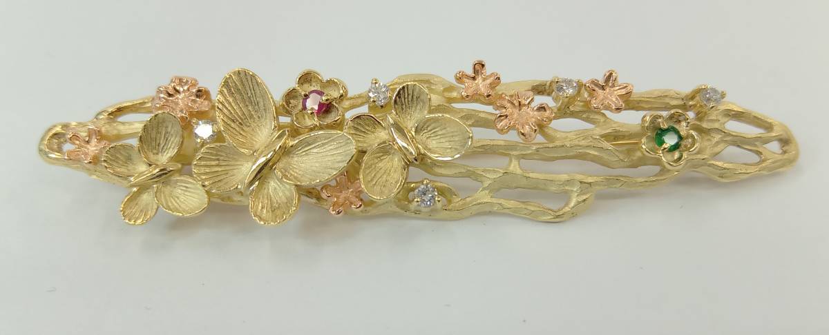 ブローチ K18 18金 ゴールド 12.7g ダイヤ0.12ct 蝶 花 店舗受取可
