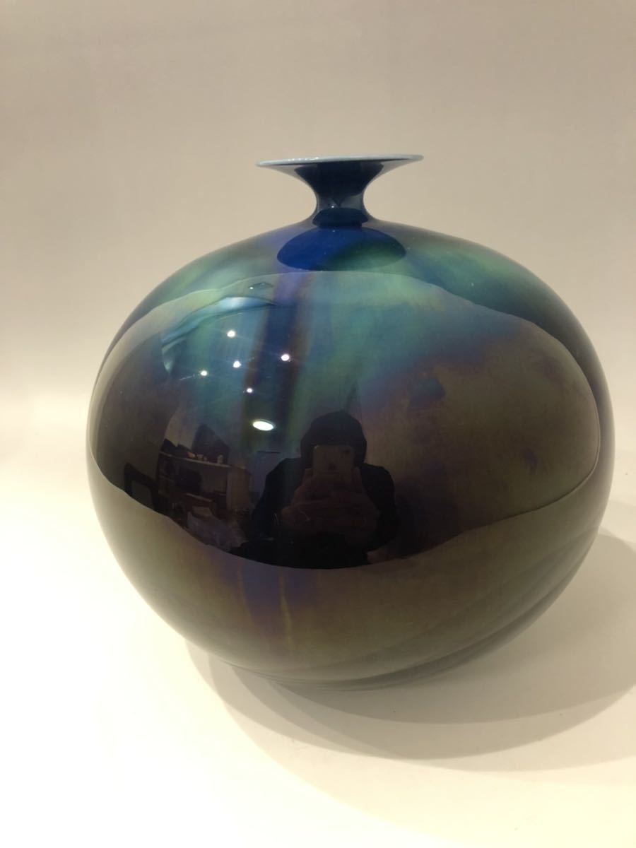 スレすらない極美品 三代 徳田八十吉 秀作品 碧明釉『壺』共箱・共布