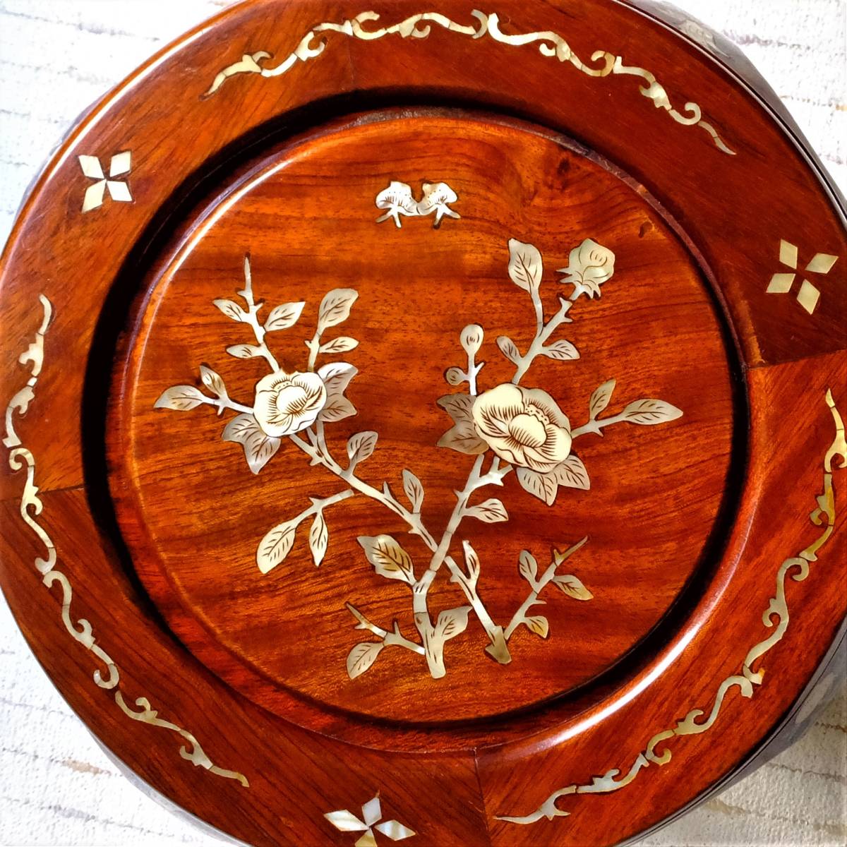 花梨太鼓型 貝細工 飾り台 丸椅子 花台 盆栽台 香炉台 中国 唐木家具