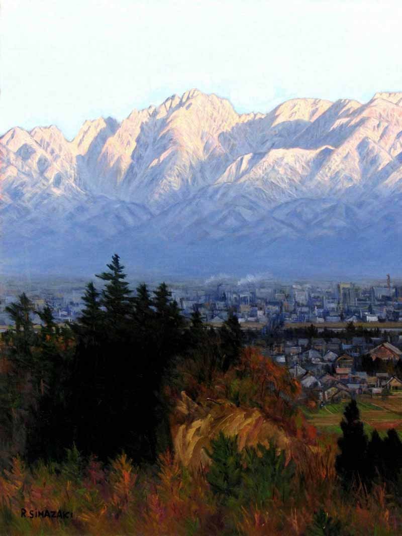 GINZA絵画館】島崎力松 油絵20号「夕映えの立山連峰（呉羽山に