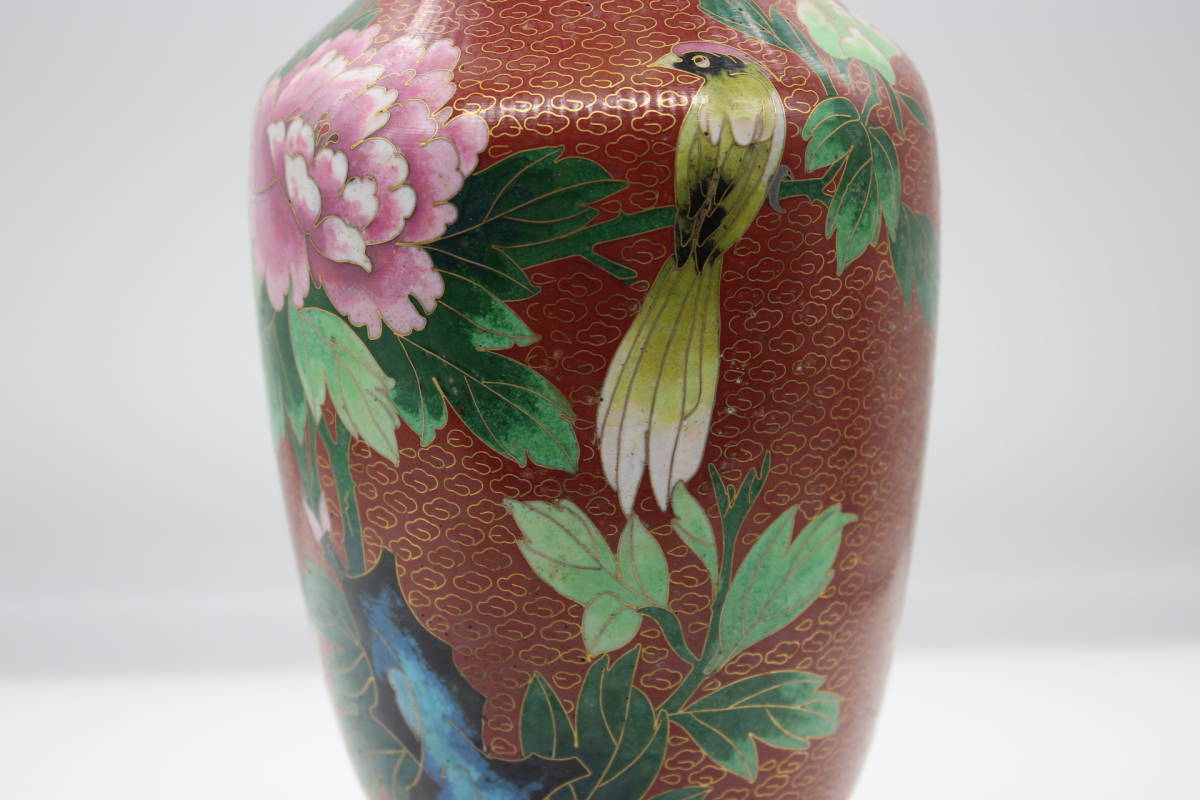 七宝焼 花瓶 中国美術品 花鳥・蝶々模様 高さ25.5cm 台/箱付き