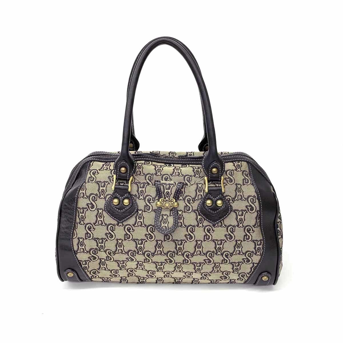 ◇ANNA SUI アナスイ ハンドバッグ◇ ブラック×ベージュ キャンバス