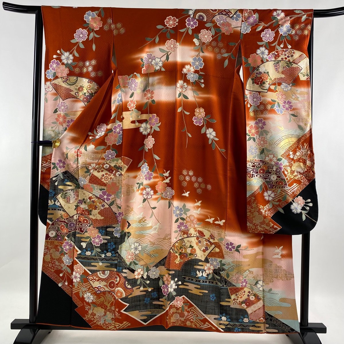 数量限定，送料無料 振袖 名品 扇面 草花 金糸 金銀彩 朱色 袷 身丈158.5cm