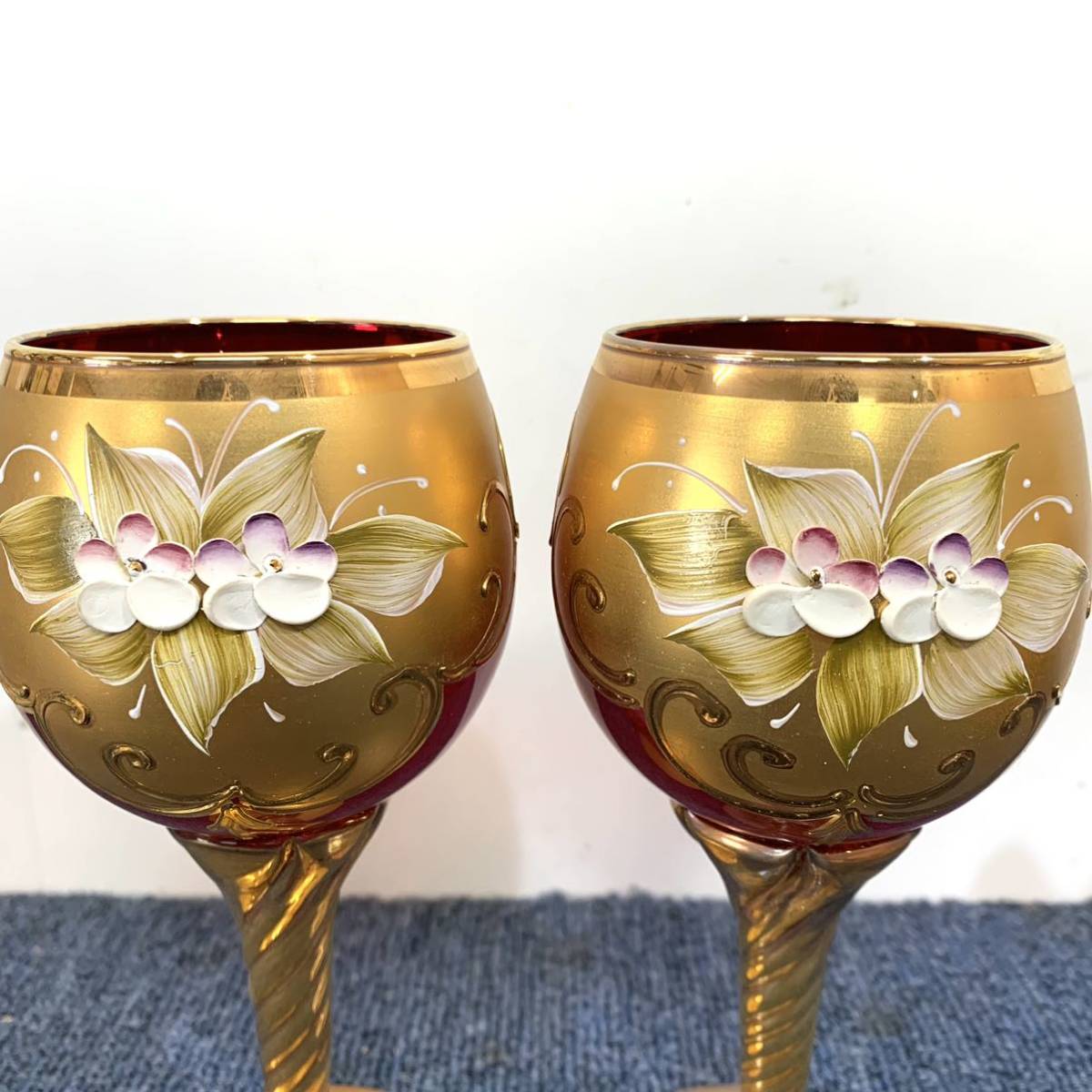 ベネチアングラス 花盛 花柄 金彩 ゴールド 赤⁄青 2客(ペア)ベネチア