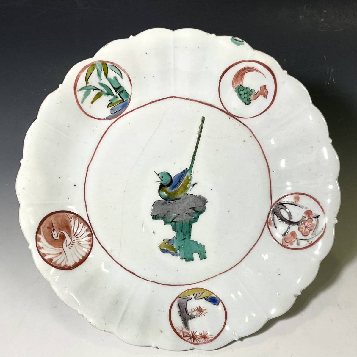 翔)古伊万里 色絵 五彩手 古九谷 江戸前期 寛文期 鳥 松竹梅 鶴亀 丸紋 
