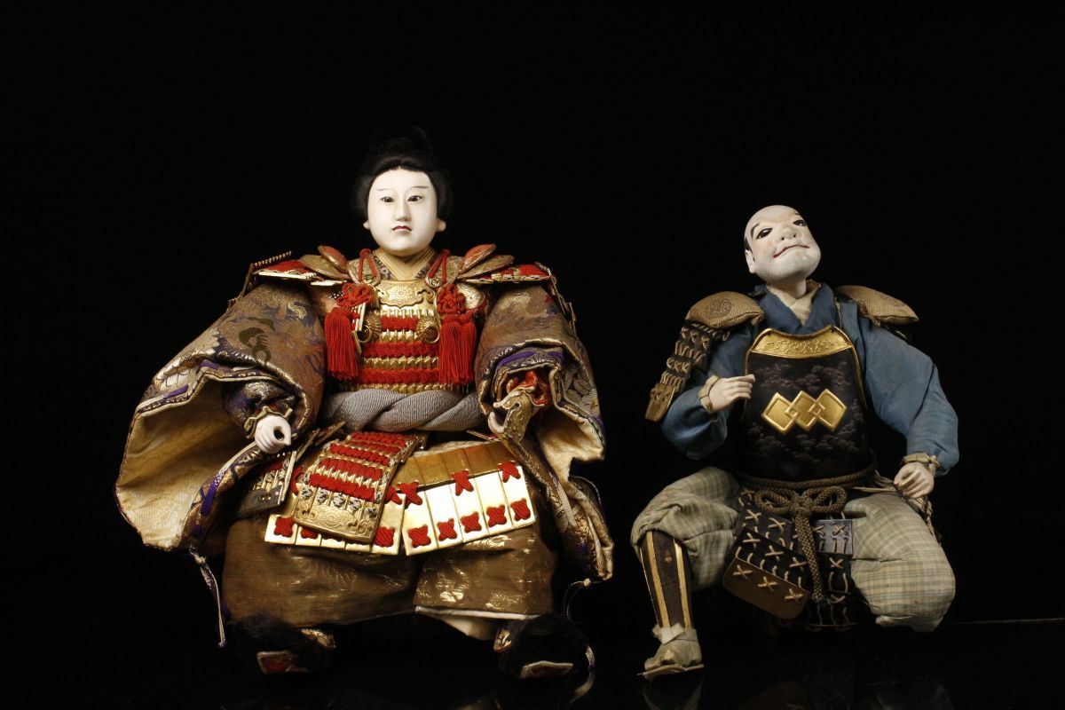 LIG】時代 玉眼 武者人形 二体 日本人形 五月人形 時代箱 旧家収蔵品