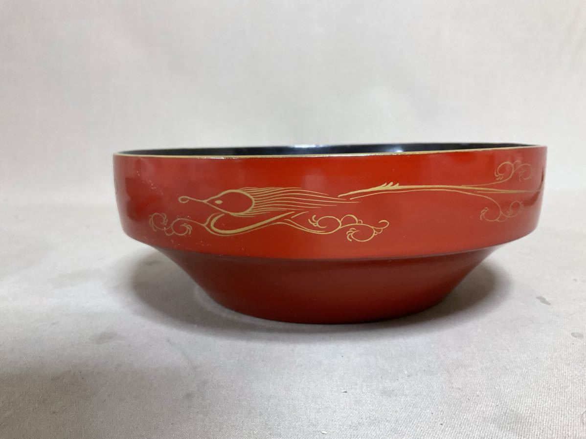 ZM242 木製　漆器　漆塗り　朱塗り　金彩　金盛り　鷹と松の図　大平椀_6