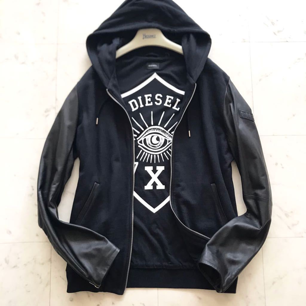 【美品】ディーゼル　ラムレザー　ジャケット　パーカー　ブレイブメン 美品☆ ディーゼル / DIESEL 極上ラムスキン レザー 切替 ジップ