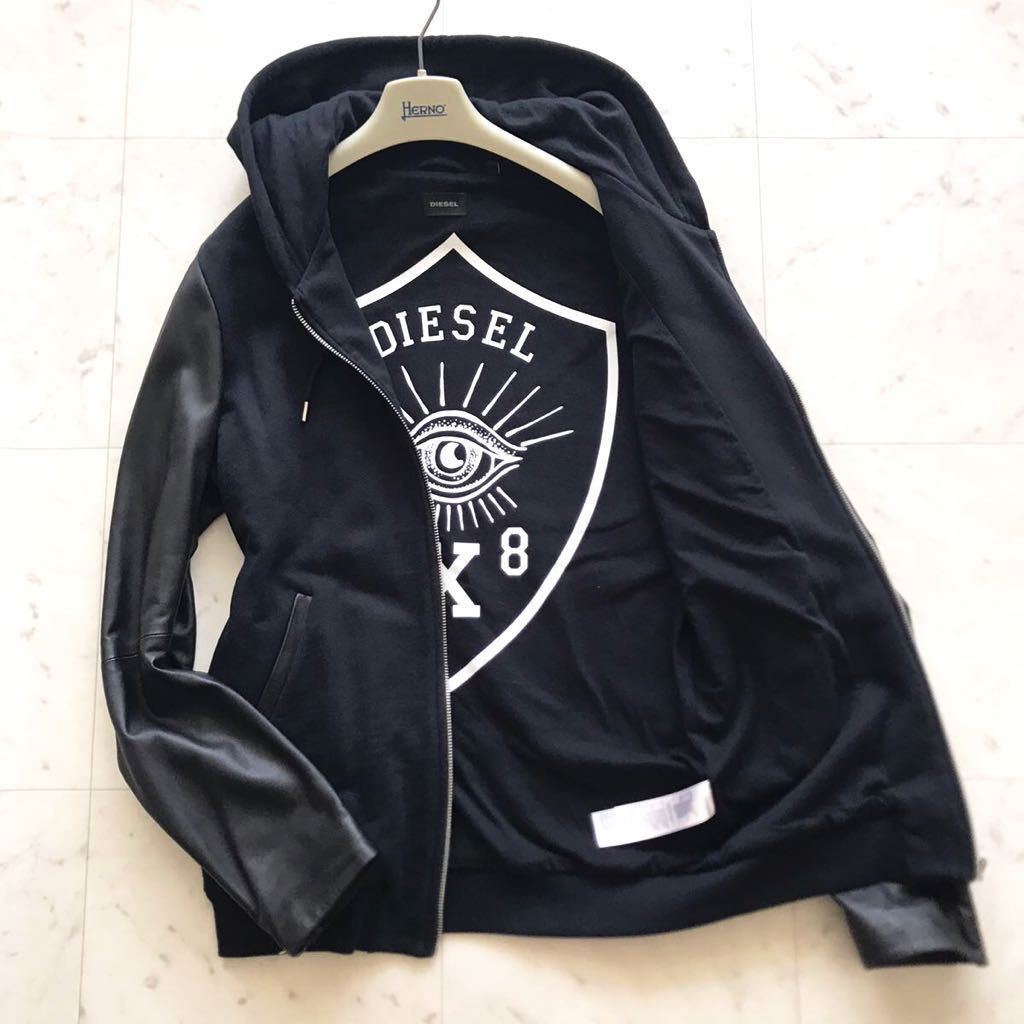 美品 DIESEL レザーパーカー ライダース ジャケット 羊革 皺加工 L7 美品☆ ディーゼル / DIESEL 極上ラムスキン レザー 切替 ジップ