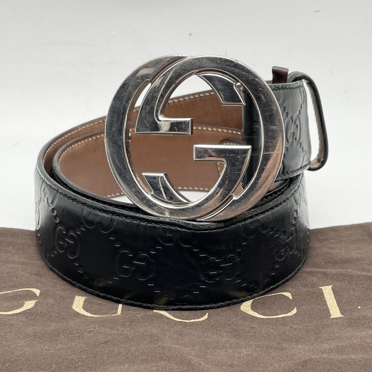 GUCCI グッチ　ベルト　インターロッキング　GG　デカロゴ　シルバー金具　黒 GUCCI グッチ ベルト インターロッキング GG デカロゴ シルバー金具 黒