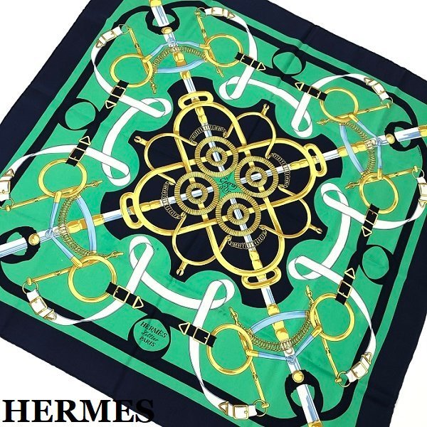 HERMES エルメス スカーフ カレ90 Eperon dor/黄金の拍車 馬具柄 大判 シルク グリーン/ネイビー ツイリー カレ 90 正規品 本物保証 最落無