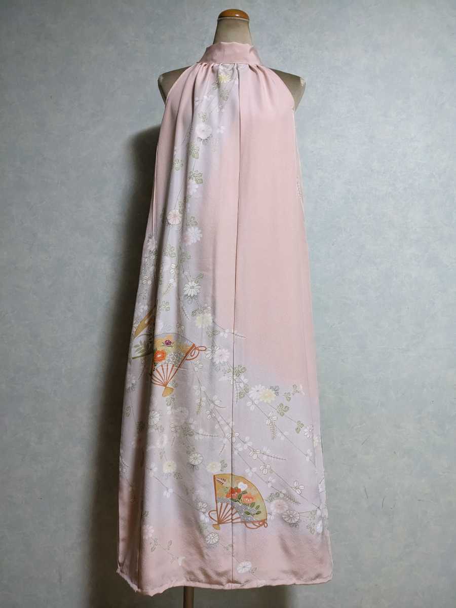 着物リメイク★6★ピンク訪問着ホルターネックロングワンピース・ストール★扇枝垂れ花々