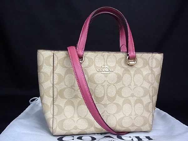 COACH 2WAY シグネチャー ハンドバッグ PVC ピンク ベージュ 1円 □極美品□ COACH コーチ シグネチャー PVC×レザー 2WAY